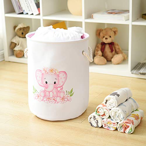 INough Laundry Baskets Pink Hamper Elephant Basket for Kids, Baby Laundry Basket,Large Collapsible Laundry Hamper with Handles Waterproof Round Linen Storage Basket for Toddler (Pink Elephant) by INough