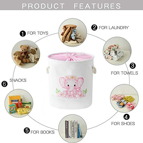 INough Laundry Baskets Pink Hamper Elephant Basket for Kids, Baby Laundry Basket,Large Collapsible Laundry Hamper with Handles Waterproof Round Linen Storage Basket for Toddler (Pink Elephant) by INough