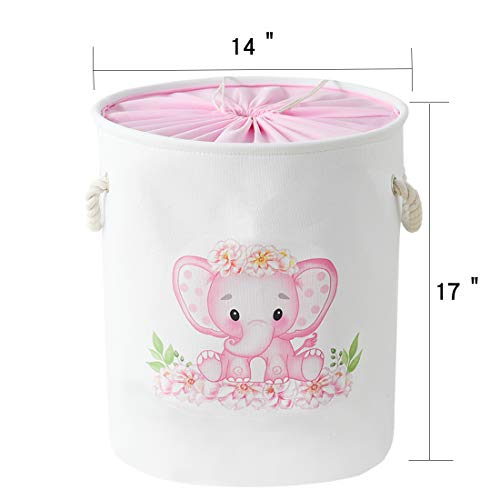 INough Laundry Baskets Pink Hamper Elephant Basket for Kids, Baby Laundry Basket,Large Collapsible Laundry Hamper with Handles Waterproof Round Linen Storage Basket for Toddler (Pink Elephant) by INough