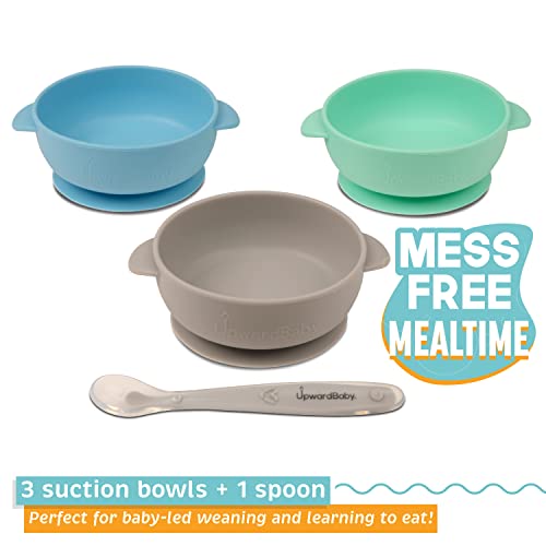 Baby Bowls with Suction - 4 Piece Silicone Set with Spoon - UpwardBaby - for Babies Kids Toddlers - BPA Free - First Stage Self Feeding from UpwardBaby