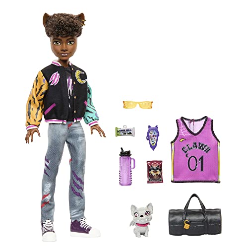 Monster High Doll, Clawd Wolf Doll with Pet Gargoyle Bulldog and Themed Accessories by Mattel