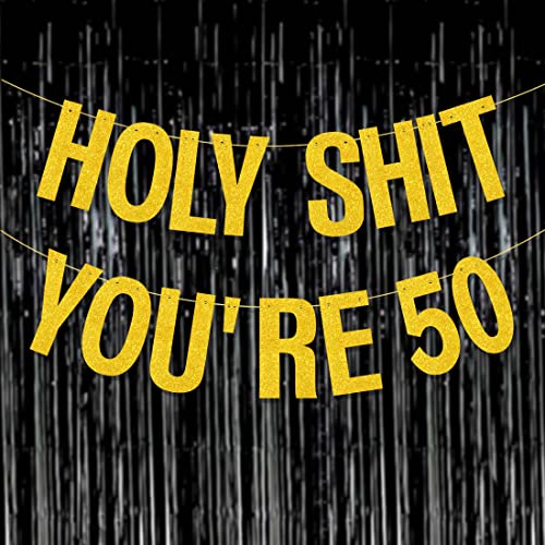 50th Birthday Decorations Banner for Women Men Gold Glitter Birthday Party Decor Sign Funny 50th Bday Party Supplies Holy Shit You're 50 Birthday Banner Party Decoration from Yasmart Life