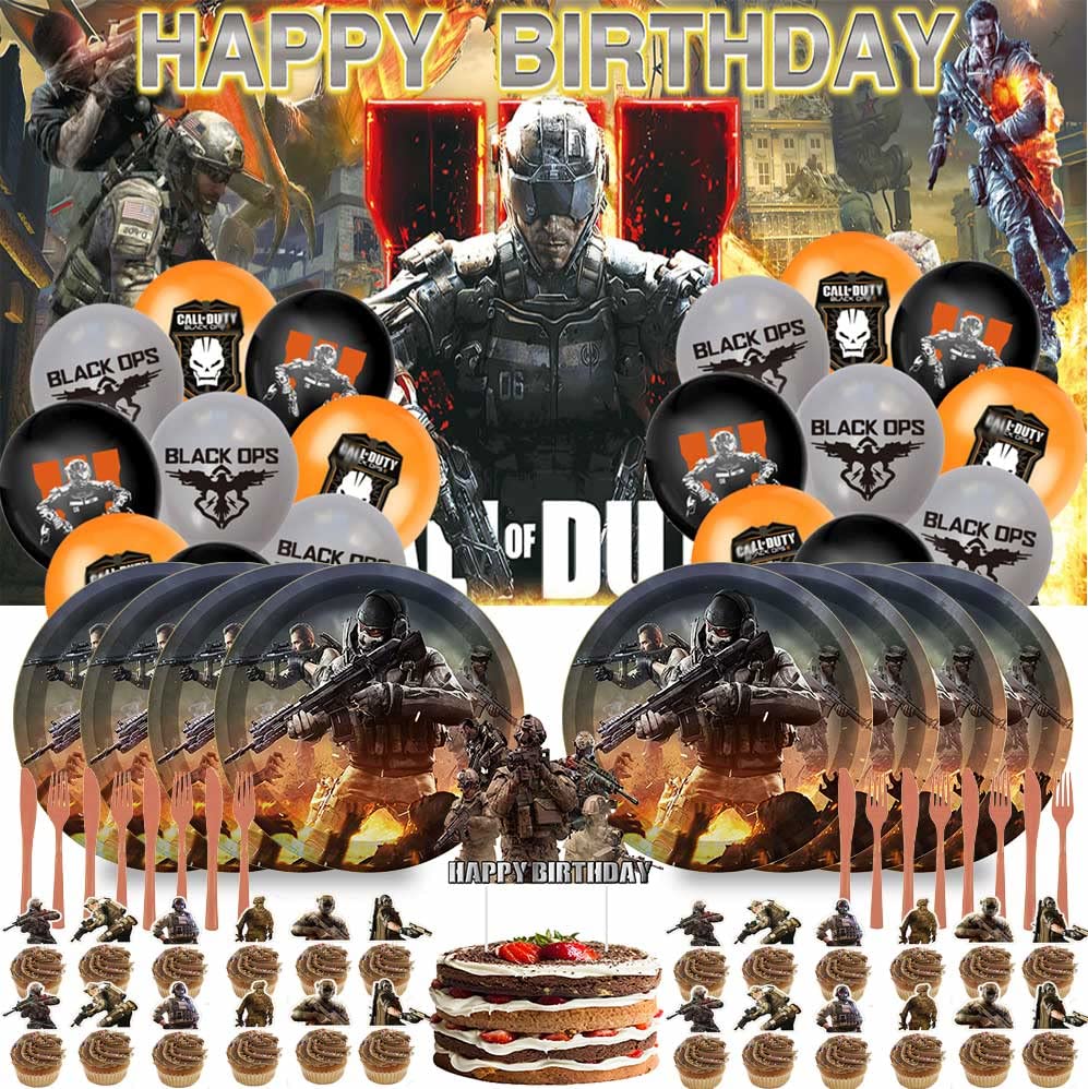 Vedio Game Call Duty Party Supplies Birthday Decorations Plates Balloons Banner Cake Toppers Plastic Cutlery Disposable Knives Forks Set Decorations Decor by caoshou