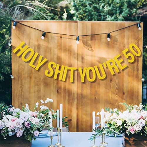 50th Birthday Decorations Banner for Women Men Gold Glitter Birthday Party Decor Sign Funny 50th Bday Party Supplies Holy Shit You're 50 Birthday Banner Party Decoration from Yasmart Life