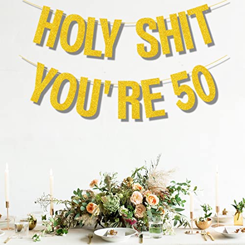 50th Birthday Decorations Banner for Women Men Gold Glitter Birthday Party Decor Sign Funny 50th Bday Party Supplies Holy Shit You're 50 Birthday Banner Party Decoration from Yasmart Life