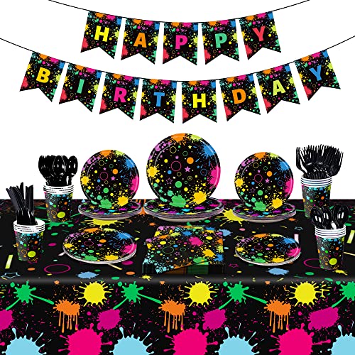 Neon Glow in the Dark Party Supplies Neon Table Cloths for Parties Glow Party Tableware Cups Plates and Napkins Set Happy Birthday Banner for Blacklight Glow in the Dark Neon Birthday Decorations from Sinekong