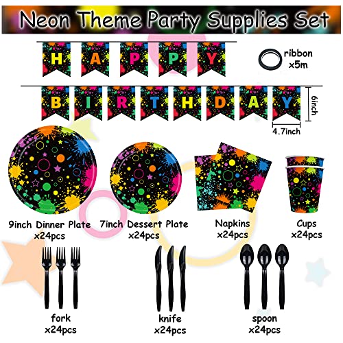 Neon Glow in the Dark Party Supplies Neon Table Cloths for Parties Glow Party Tableware Cups Plates and Napkins Set Happy Birthday Banner for Blacklight Glow in the Dark Neon Birthday Decorations from Sinekong