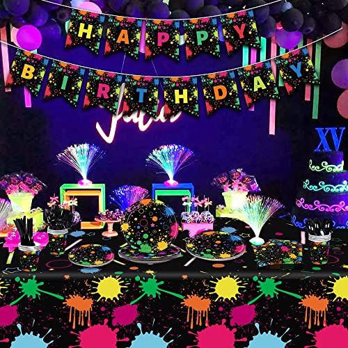 Neon Glow in the Dark Party Supplies Neon Table Cloths for Parties Glow Party Tableware Cups Plates and Napkins Set Happy Birthday Banner for Blacklight Glow in the Dark Neon Birthday Decorations from Sinekong