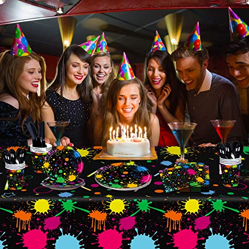 Neon Glow in the Dark Party Supplies Neon Table Cloths for Parties Glow Party Tableware Cups Plates and Napkins Set Happy Birthday Banner for Blacklight Glow in the Dark Neon Birthday Decorations from Sinekong