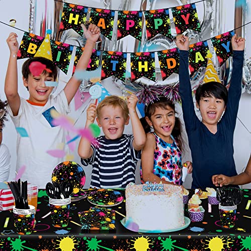 Neon Glow in the Dark Party Supplies Neon Table Cloths for Parties Glow Party Tableware Cups Plates and Napkins Set Happy Birthday Banner for Blacklight Glow in the Dark Neon Birthday Decorations from Sinekong