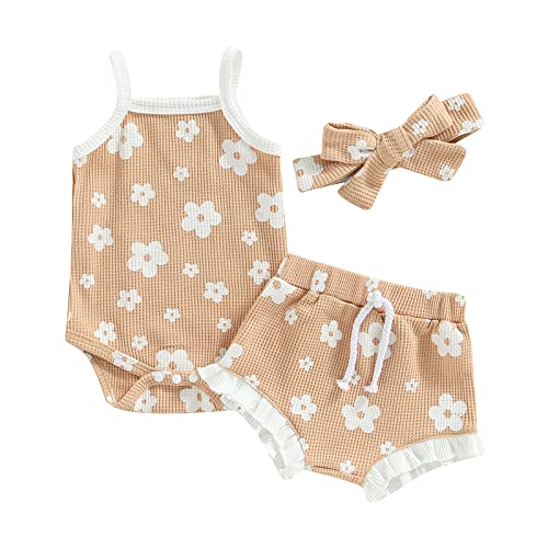 Summer Newborn Baby Girls Clothes Sets Waffle Floral Print Sleeveless Bodysuits+Ruffles Drawstring Shorts+Headband(Light Khaki, 6-12 Months) by MA&BABY