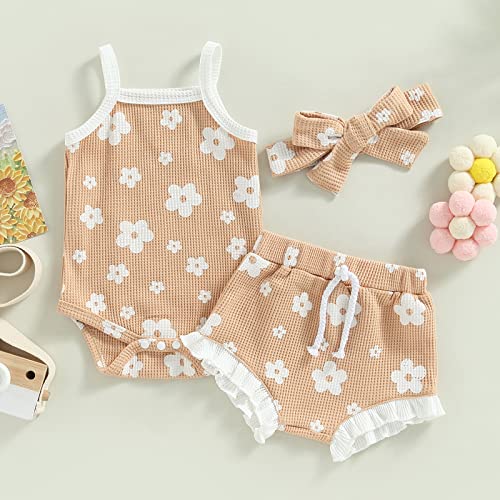 Summer Newborn Baby Girls Clothes Sets Waffle Floral Print Sleeveless Bodysuits+Ruffles Drawstring Shorts+Headband(Light Khaki, 6-12 Months) by MA&BABY