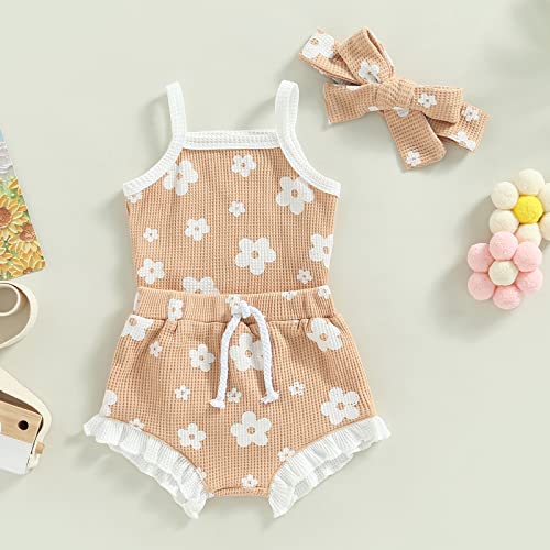 Summer Newborn Baby Girls Clothes Sets Waffle Floral Print Sleeveless Bodysuits+Ruffles Drawstring Shorts+Headband(Light Khaki, 6-12 Months) by MA&BABY