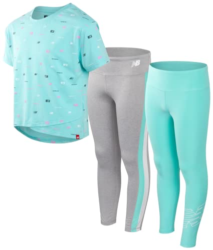 New Balance Girls? Active Leggings Set ? 3 Piece T-Shirt, and Leggings Activewear Set, Size 7-8, Surf/Grey/Surf by 