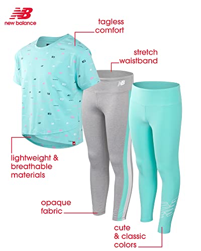 New Balance Girls? Active Leggings Set ? 3 Piece T-Shirt, and Leggings Activewear Set, Size 7-8, Surf/Grey/Surf by 