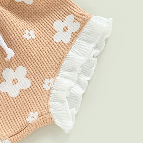 Summer Newborn Baby Girls Clothes Sets Waffle Floral Print Sleeveless Bodysuits+Ruffles Drawstring Shorts+Headband(Light Khaki, 6-12 Months) by MA&BABY