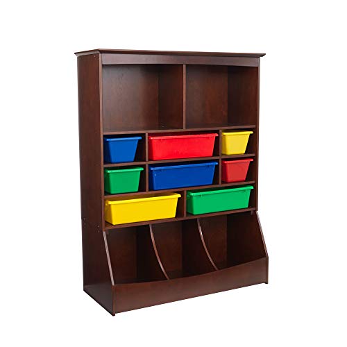 KidKraft Wooden Wall Storage Unit with 8 Plastic Bins and 13 Compartments, Espresso, Gift for Ages 3+ from KidKraft