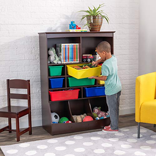 KidKraft Wooden Wall Storage Unit with 8 Plastic Bins and 13 Compartments, Espresso, Gift for Ages 3+ from KidKraft