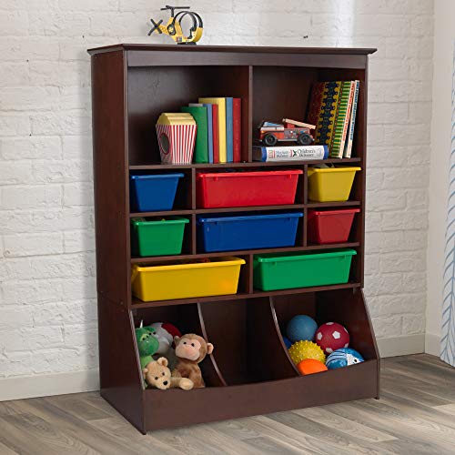 KidKraft Wooden Wall Storage Unit with 8 Plastic Bins and 13 Compartments, Espresso, Gift for Ages 3+ from KidKraft