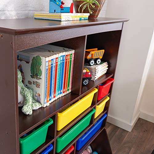 KidKraft Wooden Wall Storage Unit with 8 Plastic Bins and 13 Compartments, Espresso, Gift for Ages 3+ from KidKraft