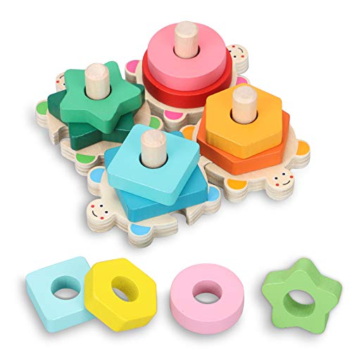TsingBolo Wooden Stacking Toys for Toddler 1 2 3 4 Year Old,Preschool Learning Montessori Educational Toys for Toddlers,Shape Color Recognition Block Stack Sort Puzzle Toys for Girls Boys by QINGLIU