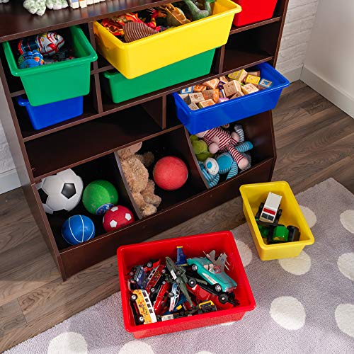 KidKraft Wooden Wall Storage Unit with 8 Plastic Bins and 13 Compartments, Espresso, Gift for Ages 3+ from KidKraft