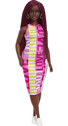 Barbie Fashionistas Doll #186, Curvy, Crimson Braids, Sleeveless Love Dress, Hoop Earrings, Toy for Kids 3 to 8 Years Old by Mattel