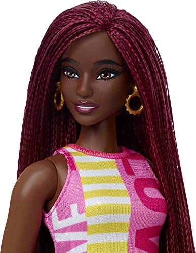 Barbie Fashionistas Doll #186, Curvy, Crimson Braids, Sleeveless Love Dress, Hoop Earrings, Toy for Kids 3 to 8 Years Old by Mattel