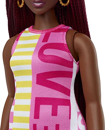 Barbie Fashionistas Doll #186, Curvy, Crimson Braids, Sleeveless Love Dress, Hoop Earrings, Toy for Kids 3 to 8 Years Old by Mattel
