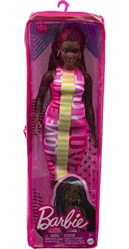 Barbie Fashionistas Doll #186, Curvy, Crimson Braids, Sleeveless Love Dress, Hoop Earrings, Toy for Kids 3 to 8 Years Old by Mattel