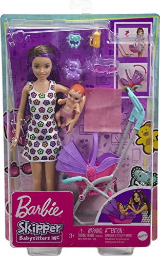 Barbie Skipper Babysitters Inc. Playset with Skipper Babysitter Doll (Brunette), Stroller, Baby Doll & 5 Accessories, Toy for 3 Year Olds & Up by Mattel