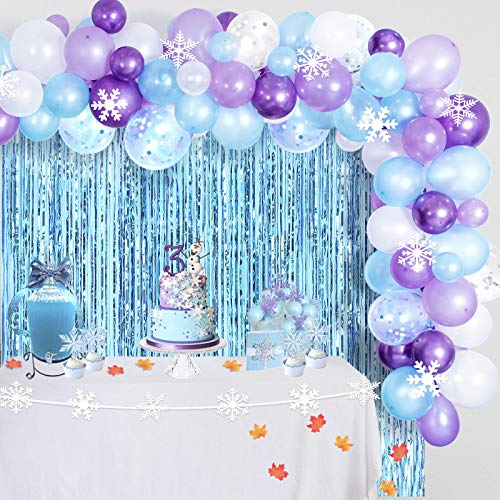 CHRORINE Girl Frozen 2 Birthday Party Decorations Supplies, Blue Purple Birthday Decorations, Snowflake Decorations, 109 pcs Balloons, 2 pcs Blue Foil Curtains, Maple Leaves, Snowflakes from CHRORINE