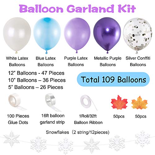 CHRORINE Girl Frozen 2 Birthday Party Decorations Supplies, Blue Purple Birthday Decorations, Snowflake Decorations, 109 pcs Balloons, 2 pcs Blue Foil Curtains, Maple Leaves, Snowflakes from CHRORINE