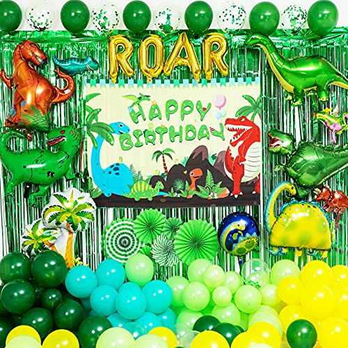 Dinosaur Birthday Decoration Party Supplies Set for Kidâs Party with Balloons Garland, Birthday Party Backdrop, Dinosaur Foil Balloons, Party Curtains, Paper Fan and Pump by FIGEPO