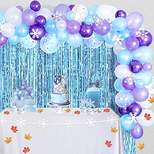 CHRORINE Girl Frozen 2 Birthday Party Decorations Supplies, Blue Purple Birthday Decorations, Snowflake Decorations, 109 pcs Balloons, 2 pcs Blue Foil Curtains, Maple Leaves, Snowflakes from CHRORINE