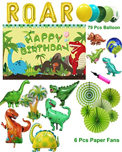Dinosaur Birthday Decoration Party Supplies Set for Kidâs Party with Balloons Garland, Birthday Party Backdrop, Dinosaur Foil Balloons, Party Curtains, Paper Fan and Pump by FIGEPO