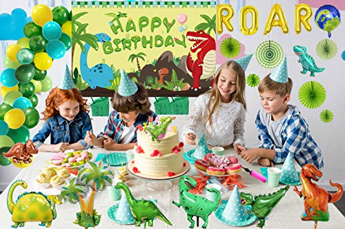 Dinosaur Birthday Decoration Party Supplies Set for Kidâs Party with Balloons Garland, Birthday Party Backdrop, Dinosaur Foil Balloons, Party Curtains, Paper Fan and Pump by FIGEPO