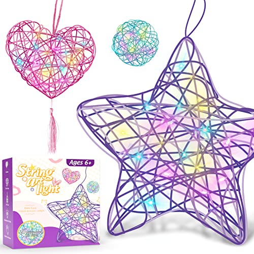 Careenoah Arts and Crafts for Kids Ages 6-12, 3 Pack 3D String Art Kit for Girls,Christmas Birthday Gifts for 8 9 10 11 12 Year Old Girls and Boys Heart Star Round Lantern 20 Multi-Colored LED Bulbs from Careenoah