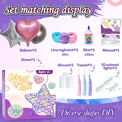 Careenoah Arts and Crafts for Kids Ages 6-12, 3 Pack 3D String Art Kit for Girls,Christmas Birthday Gifts for 8 9 10 11 12 Year Old Girls and Boys Heart Star Round Lantern 20 Multi-Colored LED Bulbs from Careenoah