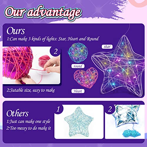 Careenoah Arts and Crafts for Kids Ages 6-12, 3 Pack 3D String Art Kit for Girls,Christmas Birthday Gifts for 8 9 10 11 12 Year Old Girls and Boys Heart Star Round Lantern 20 Multi-Colored LED Bulbs from Careenoah