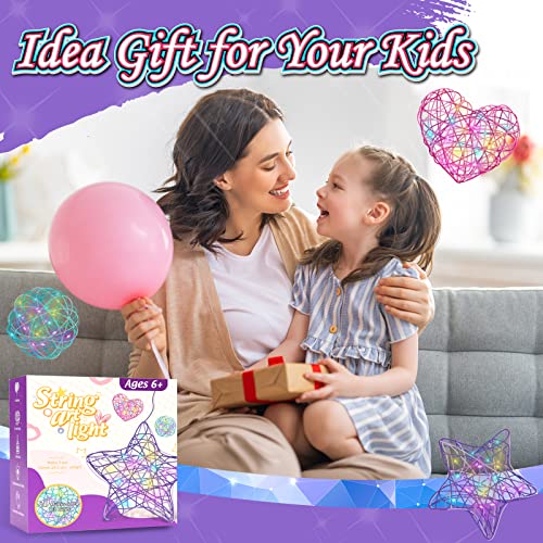 Careenoah Arts and Crafts for Kids Ages 6-12, 3 Pack 3D String Art Kit for Girls,Christmas Birthday Gifts for 8 9 10 11 12 Year Old Girls and Boys Heart Star Round Lantern 20 Multi-Colored LED Bulbs from Careenoah