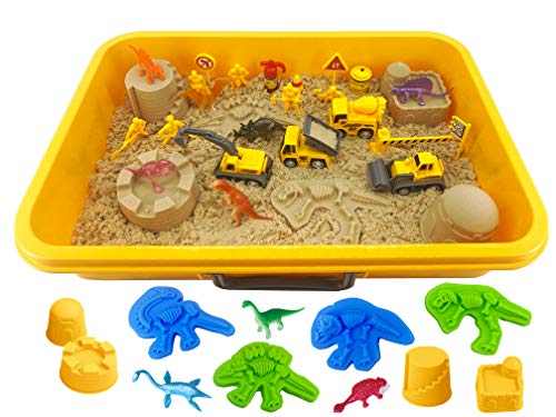 INvench Construction Dinosaur Play Sand Set - 38 Pieces Sensory Bin Sand Kit Include 2 lbs Magic Sand, Construction Vehicle, Dinsoaur Figures, Dinosaur & Castle Molds for 3 4 5 Year Old Toddlers Kids from INvench