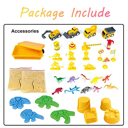 INvench Construction Dinosaur Play Sand Set - 38 Pieces Sensory Bin Sand Kit Include 2 lbs Magic Sand, Construction Vehicle, Dinsoaur Figures, Dinosaur & Castle Molds for 3 4 5 Year Old Toddlers Kids from INvench