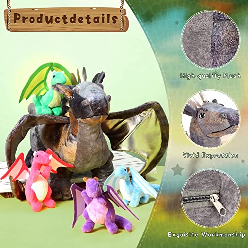 5 Pieces Dragon Plush Toy Set 16 Inch Large Dragon Stuffed Animal with 4 Cute Plush Dragons in Mommy Dragon's Belly Colorful Dragon Plush Set for for Boys Girls Birthday Gifts Party Favors from HyDren