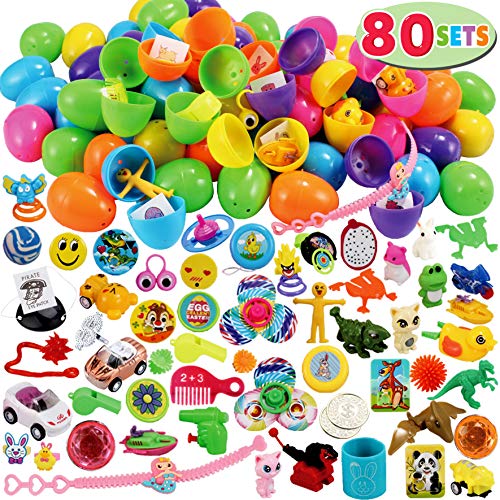 80 Packs Pre Filled Easter Eggs with Novelty Toys and Stickers, 2 3/8â 80 Bright Colorful Easter Eggs for Easter Basket Stuffers, Easter Party Favors, Easter Egg Hunt, Classroom Events from Joyin, Inc.