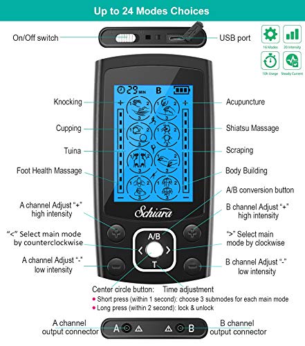 Schiara Dual Channel Tens Unit Machine Pulse Massager 24 Modes Rechargeable Muscle Stimulator Device with 10 Pads from Schiara