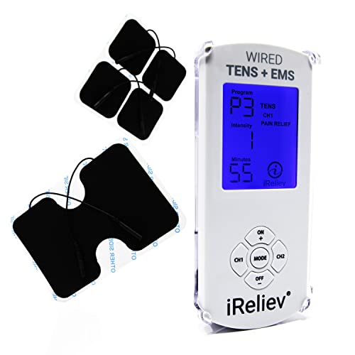 TENS Unit + EMS Muscle Stimulator by iReliev: Comes with 14 Therapy Modes, Premium Pain Relief and Recovery System, Rechargeable, Large Back Lit Display, Large and Small Electrode Pads by iReliev