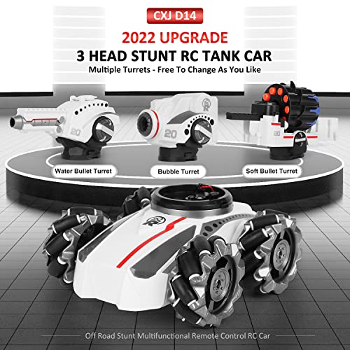 CXJ 3 Head RC Tank Car, Shooting Water Bullets(Bomb) Remote Control Car, Kids 4WD Battle Stunt Car, Blow Bubble, Shoot Foam Darts, 360Â°Rotating, LEDs, Music, Toy Gifts for 6-15 Years Old Boys Girls from CXJ