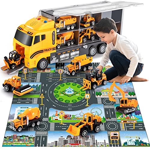 TEMI Toddler Toys for 3 4 5 6 Years Old Boys, Die-cast Construction Toys Car Carrier Vehicle Toy Set w/ Play Mat, Kids Toys Truck Alloy Metal Car Toys Set for Age 3-9 Toddlers Kids Boys & Girls from TEMI
