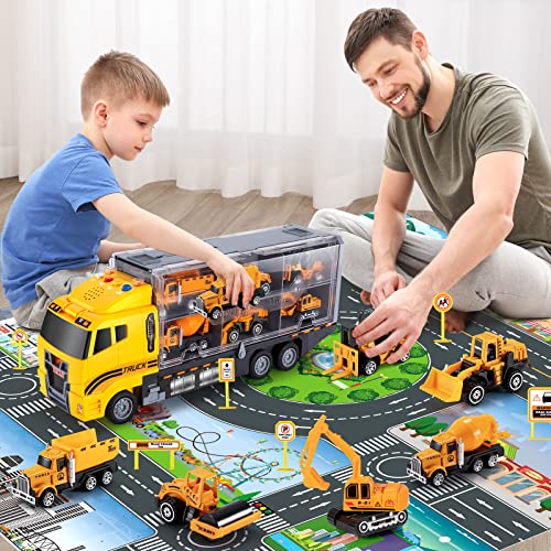 TEMI Toddler Toys for 3 4 5 6 Years Old Boys, Die-cast Construction Toys Car Carrier Vehicle Toy Set w/ Play Mat, Kids Toys Truck Alloy Metal Car Toys Set for Age 3-9 Toddlers Kids Boys & Girls from TEMI